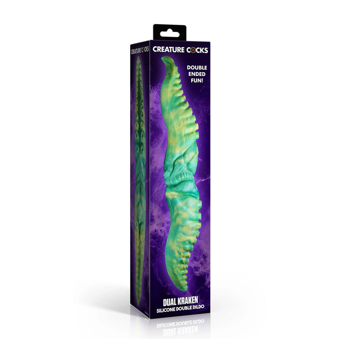 Boxed product creature cocks double ended dual kraken double dildo with green and purple design on a white background