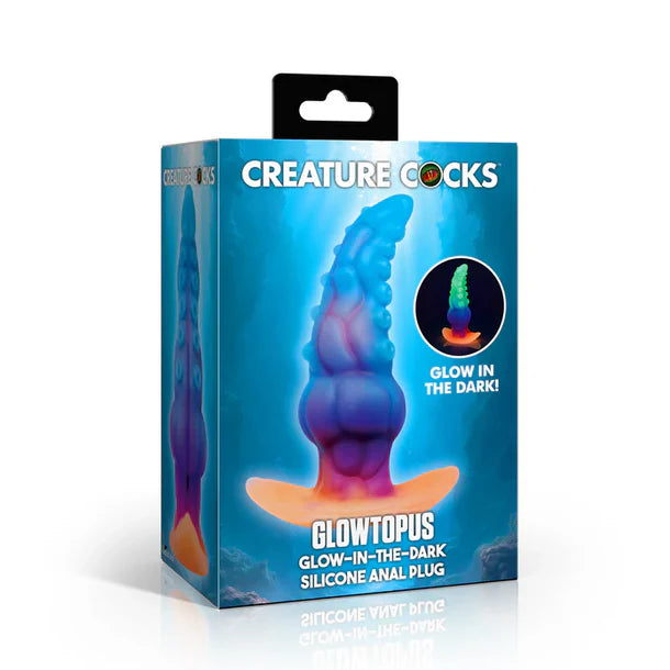 Box of Glowtopus glow-in-the-dark silicone anal plug by Creature Cocks on a white background