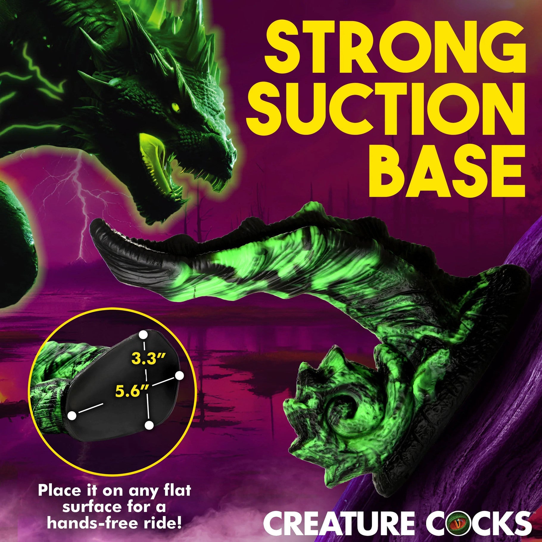 Advertisement for 'Creature Cocks' with a green dragon-like creature and text about a strong suction base.