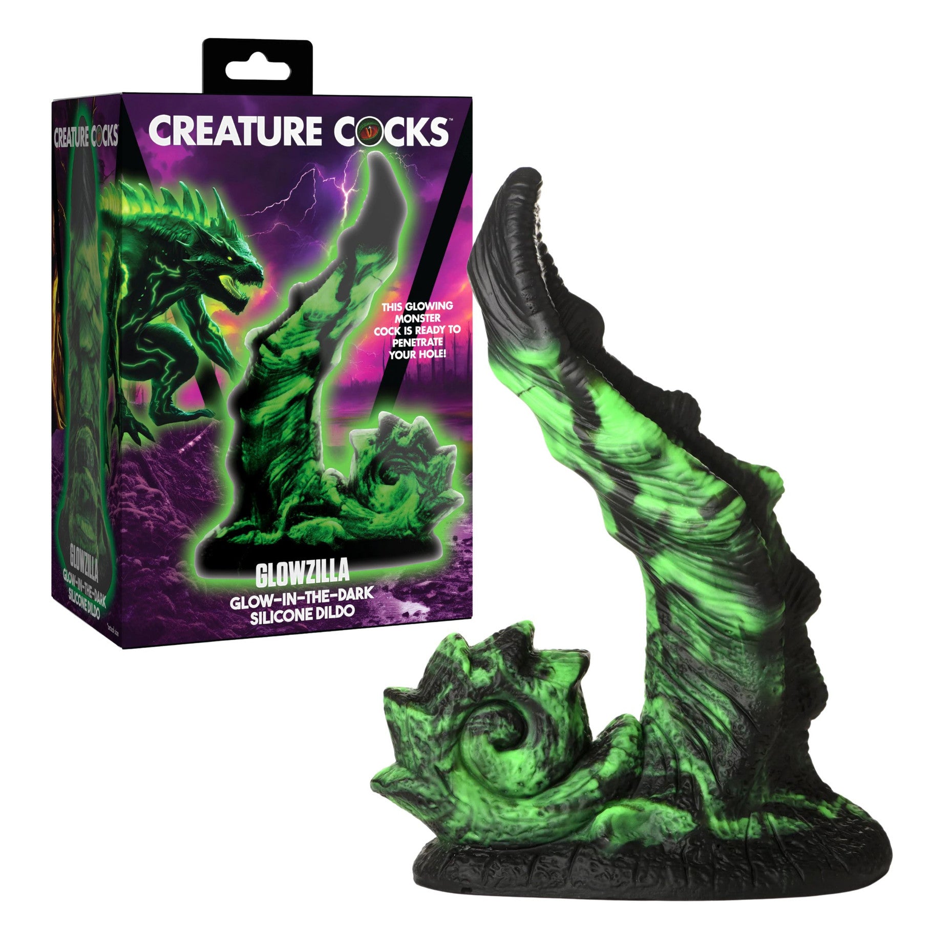 Glowing green silicone dildo with packaging labeled 'Creature Cocks' on a white background