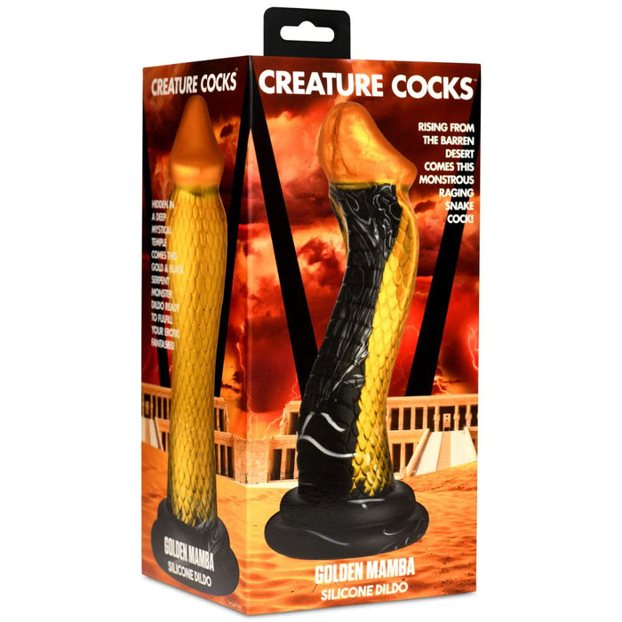 gold & black snake like dildo on box cover