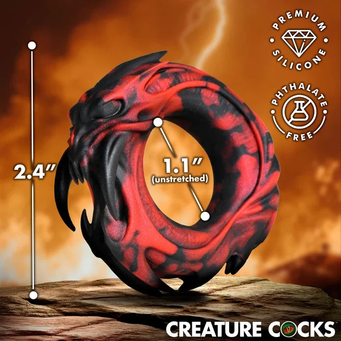 Creature Cocks Hell Fang Silicone Cock Ring by XR featuring a demon-inspired red-and-black design, soft stretchy premium silicone, a 1.1" unstretched inner diameter, and 2.4" overall height.