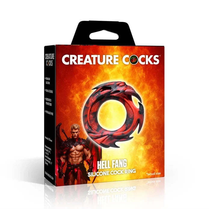 Creature Cocks Hell Fang Silicone Cock Ring by XR featuring a demon-inspired red-and-black design, soft stretchy premium silicone, a 1.1" unstretched inner diameter, and 2.4" overall height.