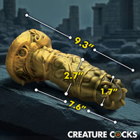 gold king linotaur silicone dildo with bottom base and textures size chart 9.3" overall length, 2.7" wide middle, 1.7" top width, 7.6" insertable