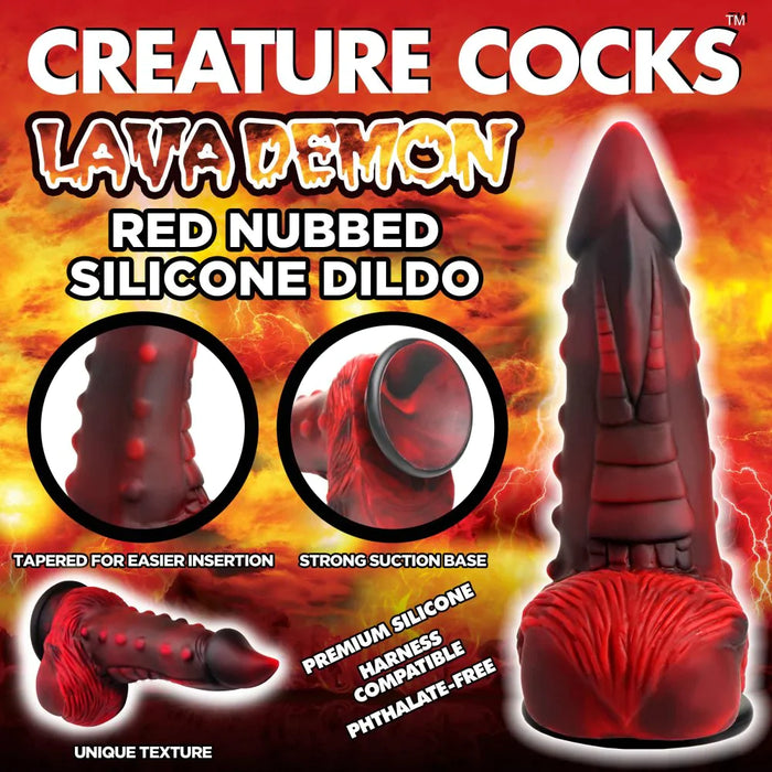 red & black dildo with balls in lava back ground