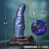 Blue silicone product with measurements and branding on a green background