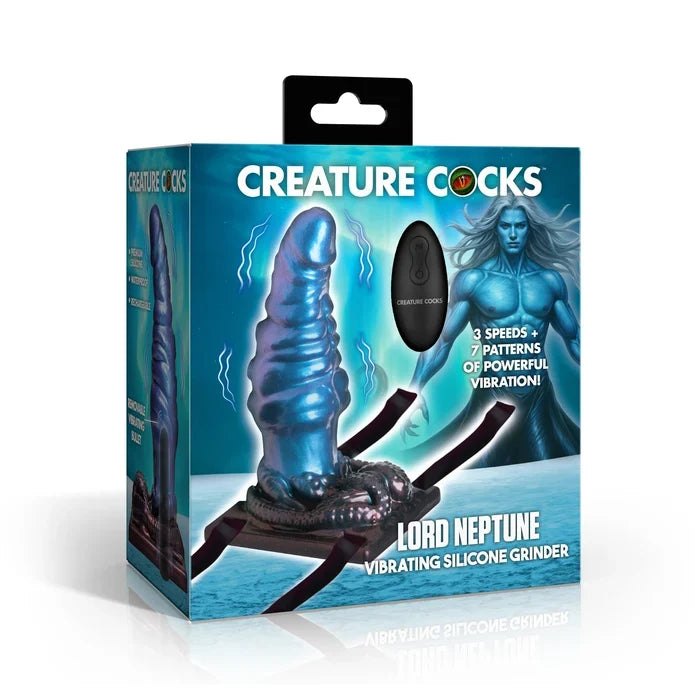 Boxed product 'Lord Neptune' vibrating silicone grinder by Creature Cocks on a white background