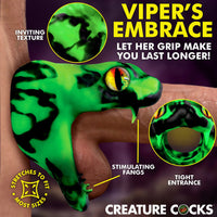 Glowing green snake-shaped product with text highlighting features on a dark background