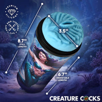 Creature Cocks Maven Mermaid masturbator displayed with product dimensions showing 8.7-inch full length, 6.7-inch insertable length, and 3.5-inch opening width.