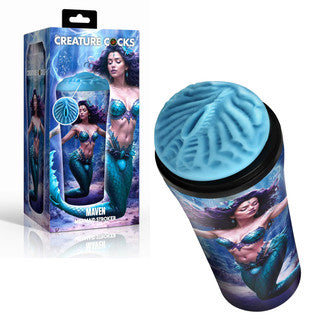 Creature Cocks Maven Mermaid masturbator by XR Brands featuring a blue textured sleeve in collectible mermaid-themed packaging with fantasy character artwork.