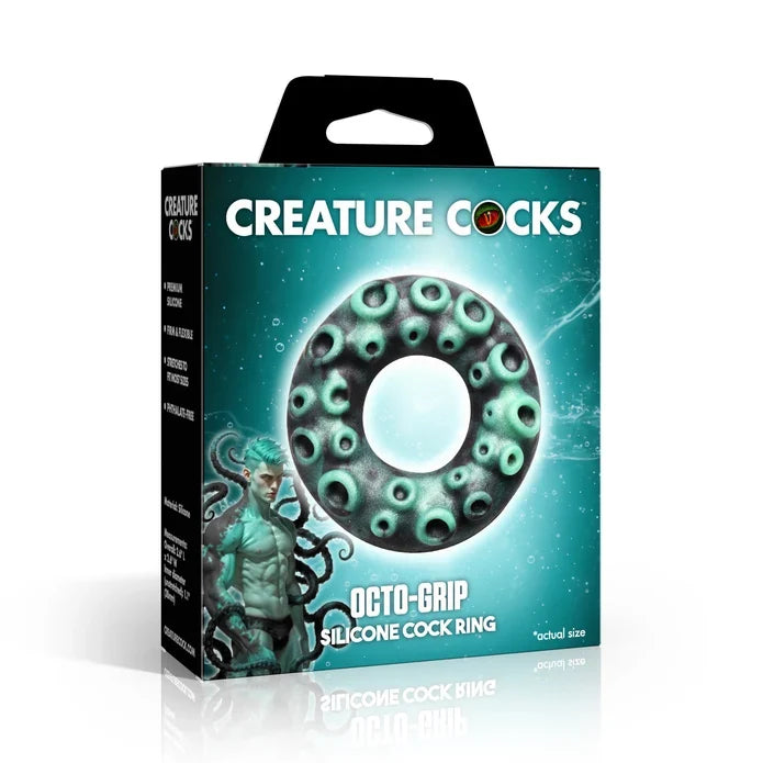 Creature Cocks Octo-Grip Silicone Cock Ring by XR featuring a deep-sea tentacle-inspired texture, soft stretchy premium silicone, a 1.1" unstretched inner diameter, and 2.6" overall height.