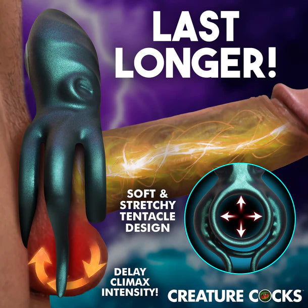 Product advertisement for 'Last Longer' with a stretchy tentacle design on a purple background.