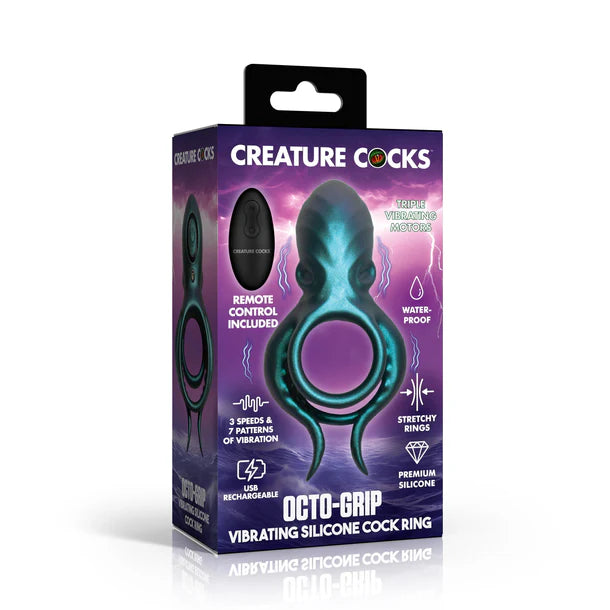 Box of Creature Cocks Octo-Grip Vibrating Silicone Cock Ring with purple and black design.