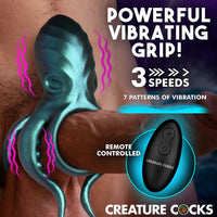 Vibrating octopus-shaped device with remote control, highlighting features like speeds and patterns of vibration.