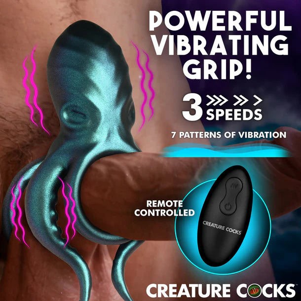 Vibrating octopus-shaped device with remote control, highlighting features like speeds and patterns of vibration.