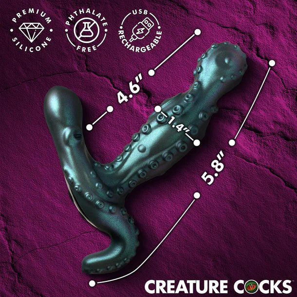 ocotprobe with measurements and features on a purple background, branded 'Creature Cocks'.