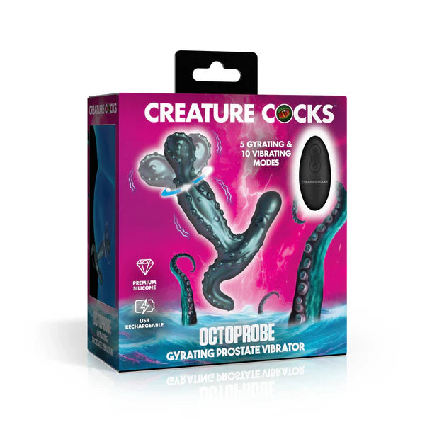 Box of a gyrating prostate vibrator with octopus design on a white background