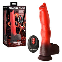 creature cocks ramming hound thrusting and vibrating silicone dildo, red and black. beside box packaging