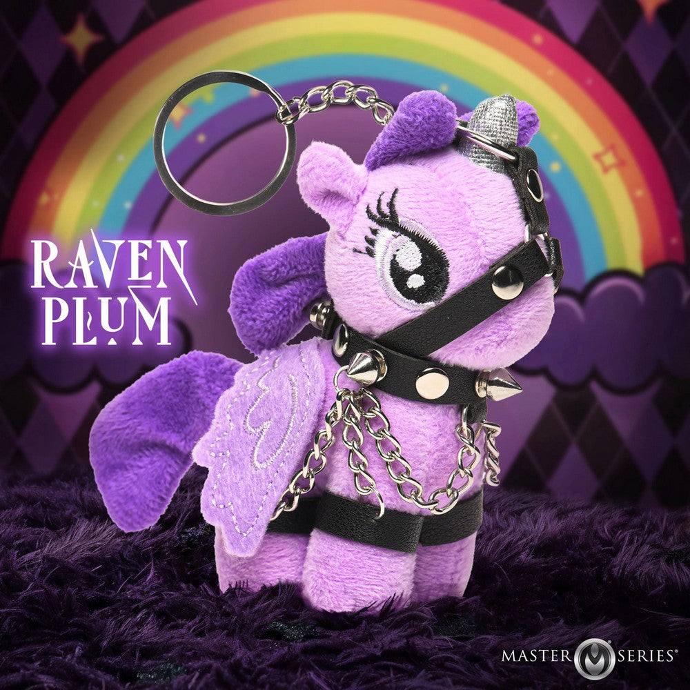 A plush keychain styled as a purple pony with a black harness, silver chains, and a silver horn, set against a rainbow and dark purple background. The text 'RAVEN PLUM' is visible on the left, and 'MASTER SERIES' is visible in the bottom right corner.