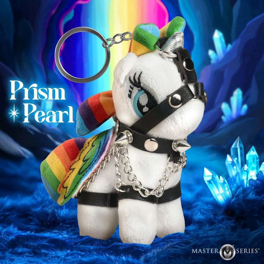 Plush keychain with rainbow accents and 'Prism Pearl' branding against a mystical background.