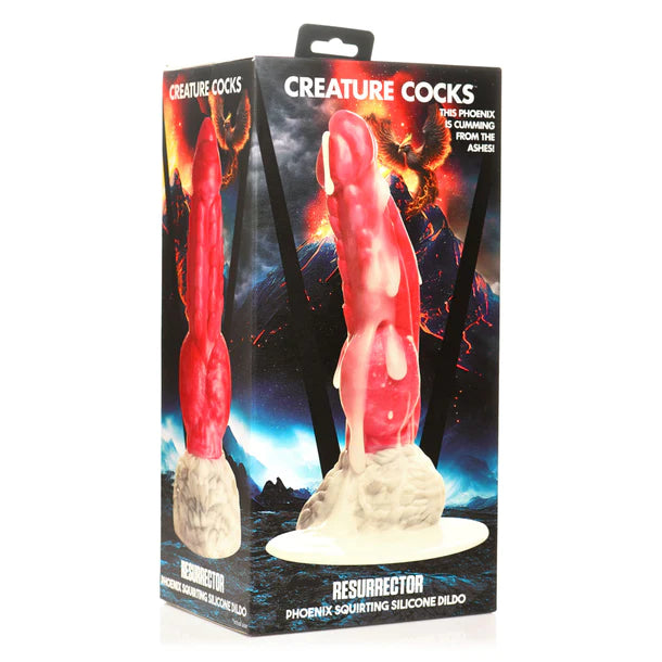 red dildo with texture, squirting with suction cup base