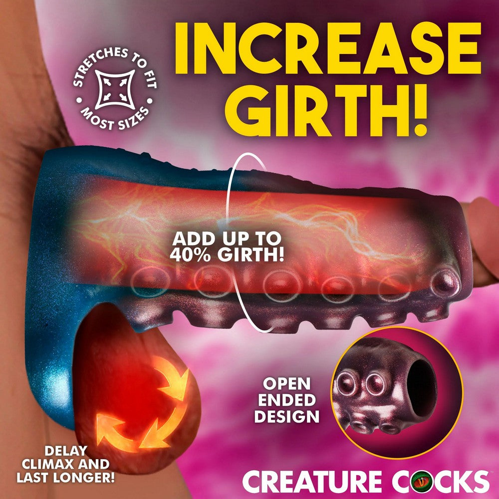Product advertisement for a girth penis device with text and graphics on a pink background.