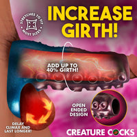 Product advertisement for a girth penis device with text and graphics on a pink background.