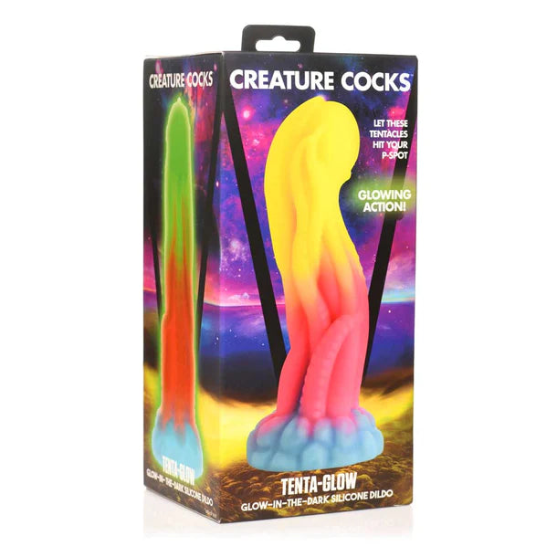 rainbow colored curved creature dildo on box