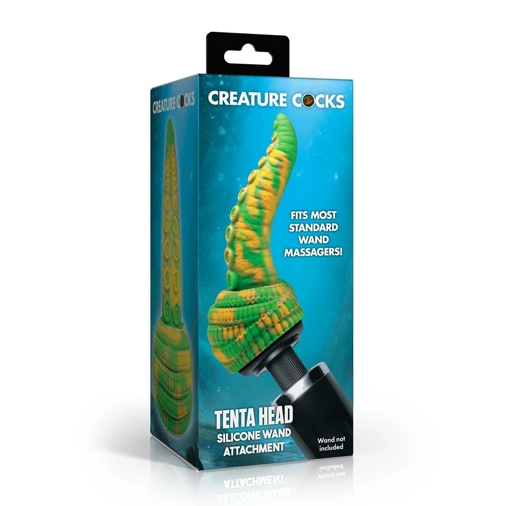 Creature Cocks Tenta Head Silicone Wand Attachment retail packaging, featuring a green and yellow textured silicone wand on a black base against a blue box design.