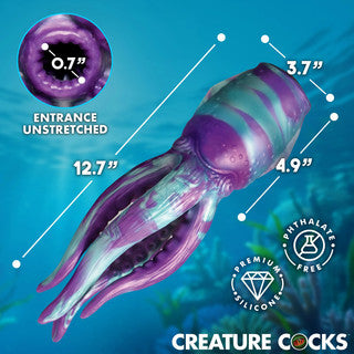 Creature Cocks Tenta Stroke silicone masturbator displayed with product dimensions showing 12.7-inch total length, 4.9-inch insertable length, 3.7-inch width, and 0.7-inch unstretched entrance.