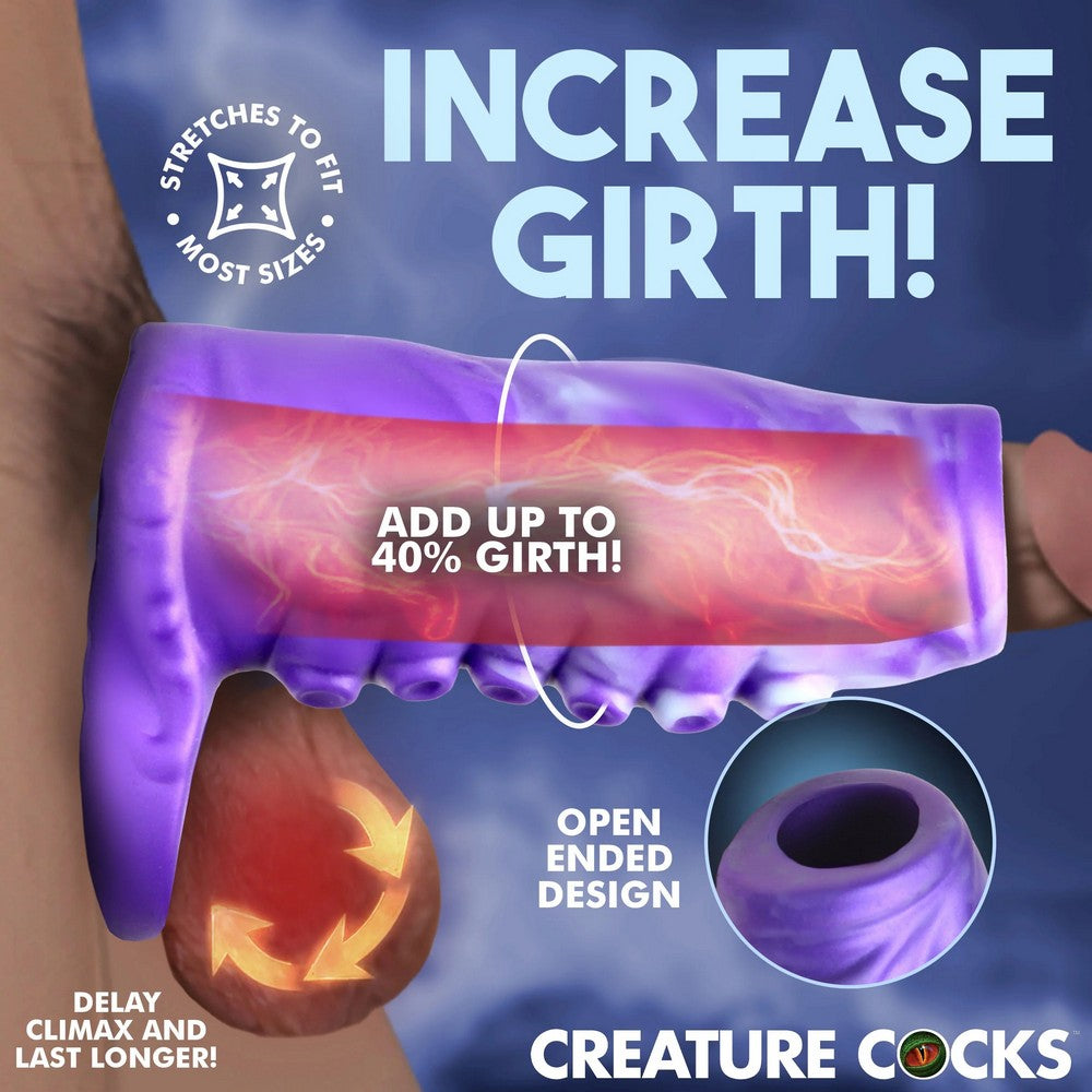 Promotional graphic for a purple inflatable girth device labeled 'INCREASE GIRTH!' with text claims, a circular inset showing the open-ended interior, and the brand name 'CREATURE COCKS' at the bottom.