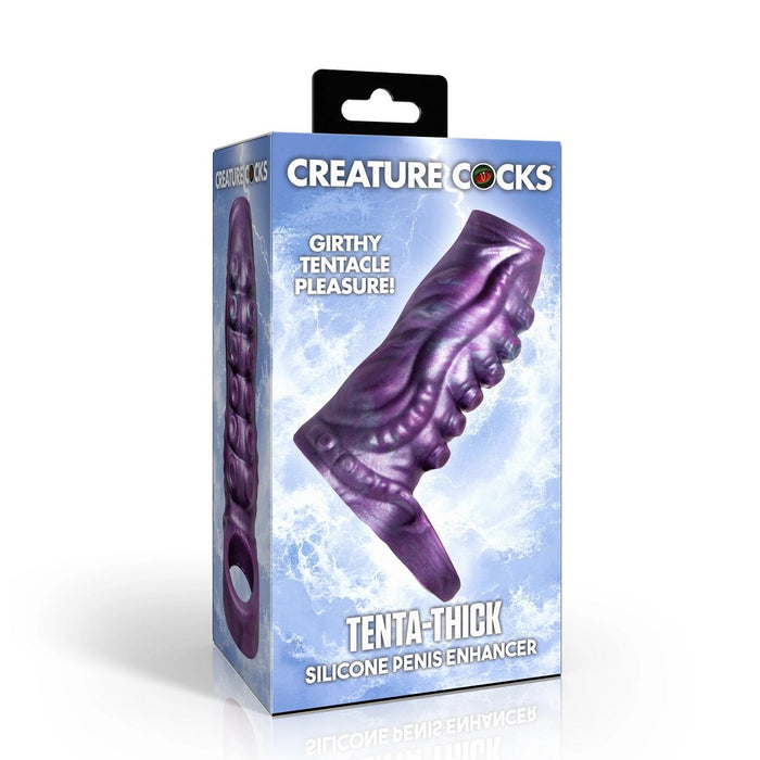 Creature Cocks Tenta-Thick silicone penis enhancer in its retail packaging, featuring a purple textured dildo graphic on a light blue and white cloud-patterned box.