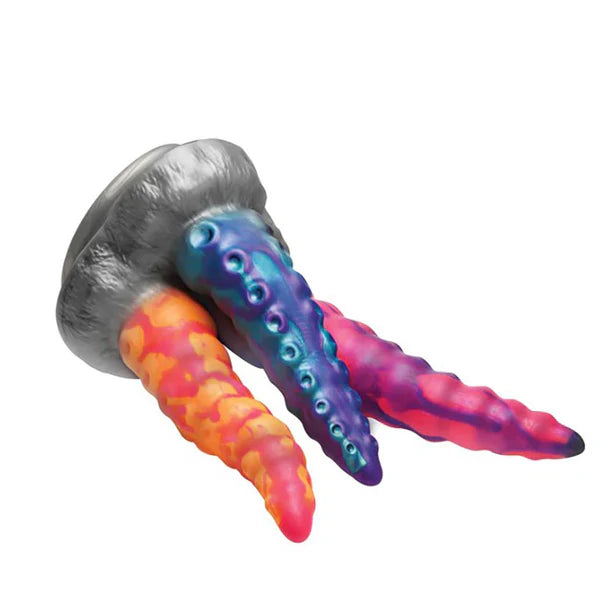 Colorful jellyfish-shaped dildo with a gray base on a white background