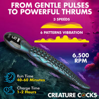 tentacle shaped vibrator with 3 speeds, 6 patterns, run time 40-60 min, 1-2 hours charging time, 6500 rpm