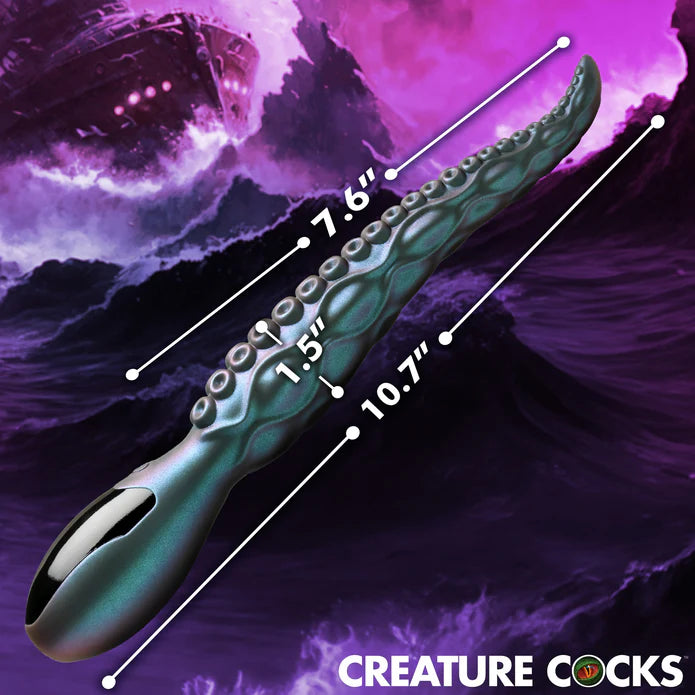 tentacle shaped virbator size chart. 7.6" insertable, 10.7" overal length, 1.5" wide