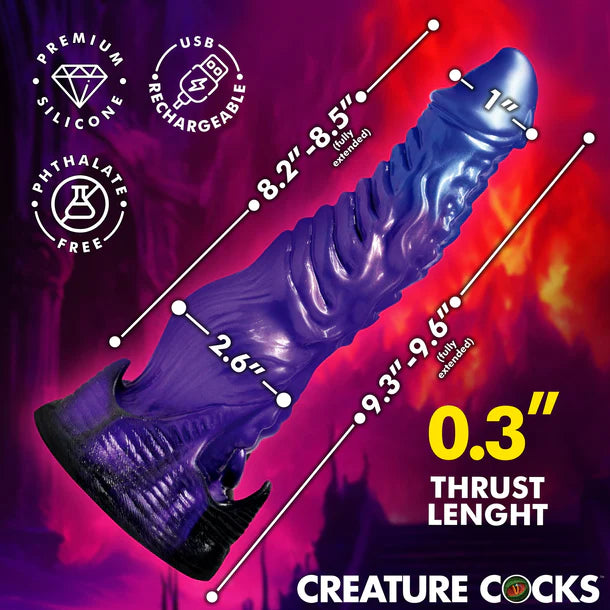 Measurement chart of a purple silicone diabolos thrusting dildo with labeled dimensions on a colorful background, featuring the brand 'Creature Cocks'.