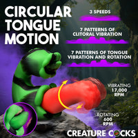 Sexual product with green and red design, featuring text about circular tongue motion and features.