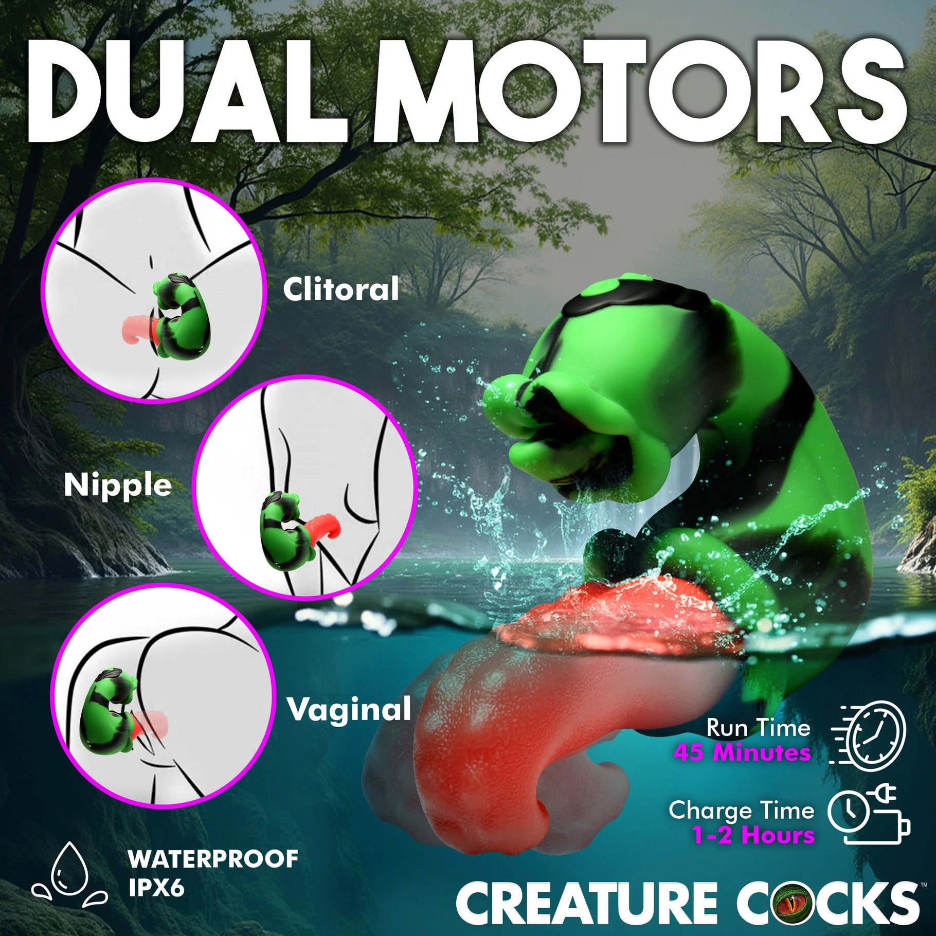 Green creature cock with dual motors labeled for clitoral, nipple, and vaginal stimulation, set against a nature-themed background.