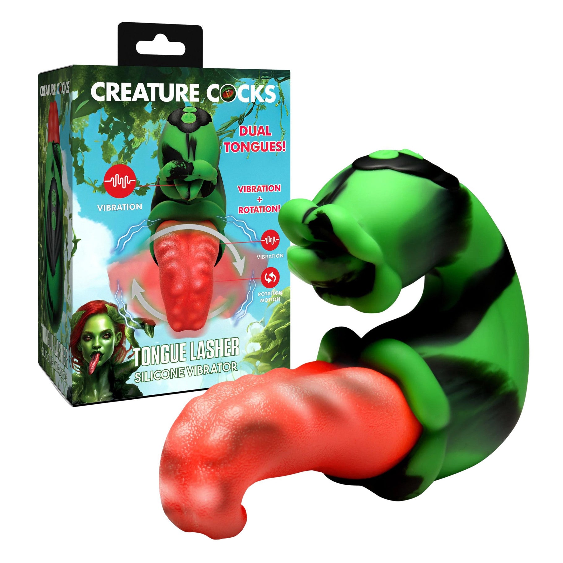 Silicone vibrator with packaging labeled 'Creature Cocks' on a white background