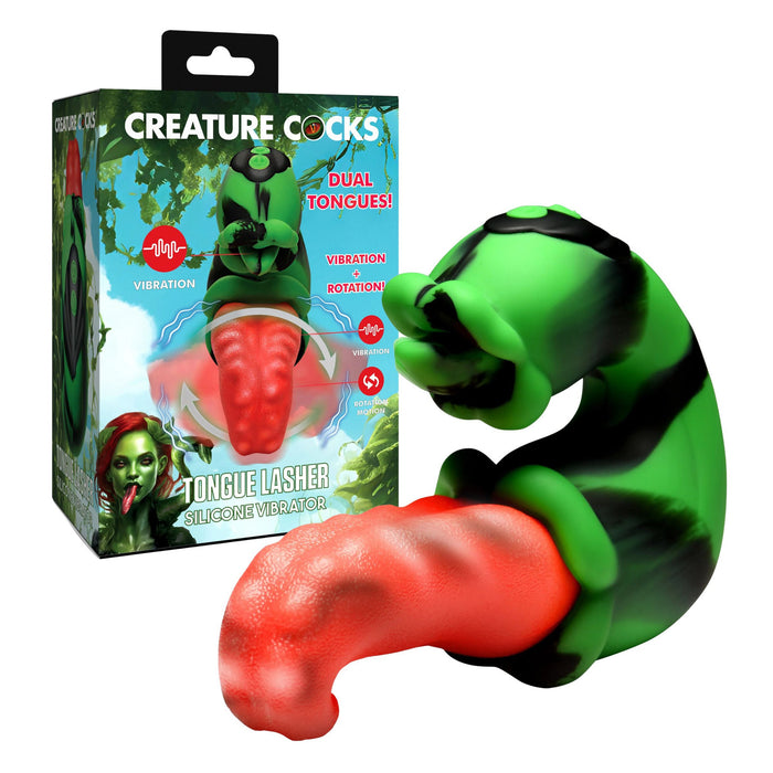 Silicone vibrator with packaging labeled 'Creature Cocks' on a white background