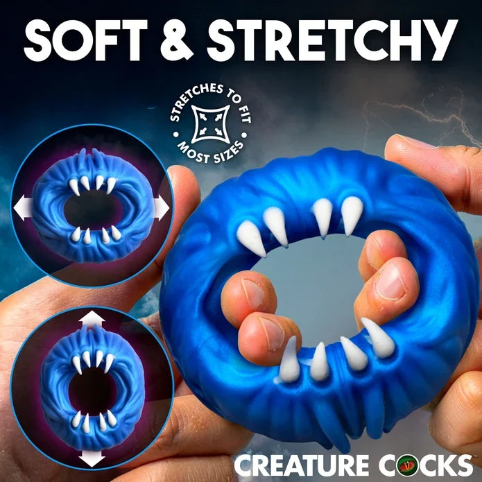 creature cocks venom loop cock ring in blue with teeth, stretch 