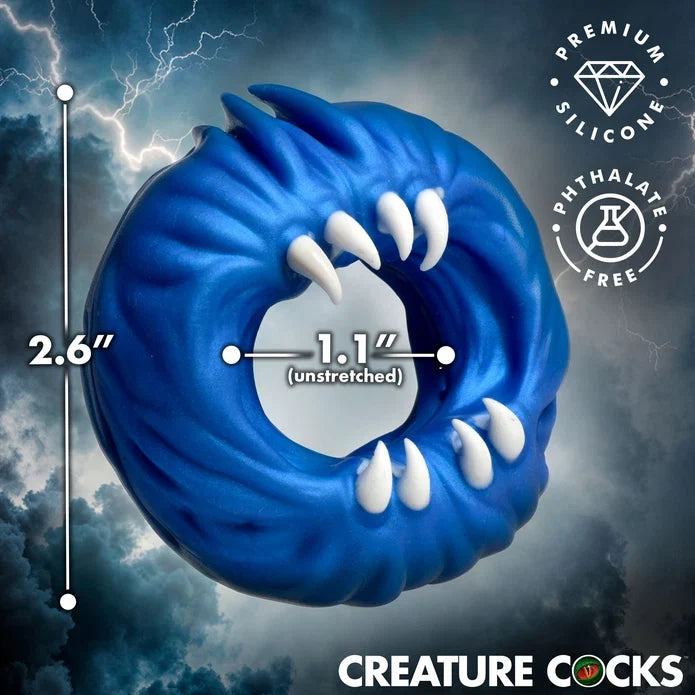 creature cocks venom loop cock ring in blue with teeth, size specs 
