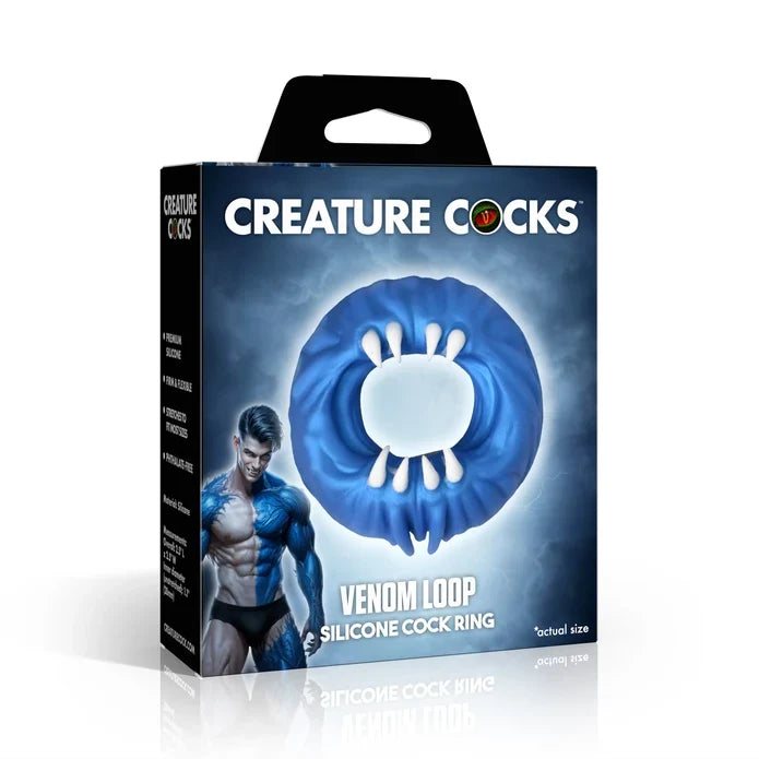 creature cocks venom loop cock ring in blue with teeth on product packaging 