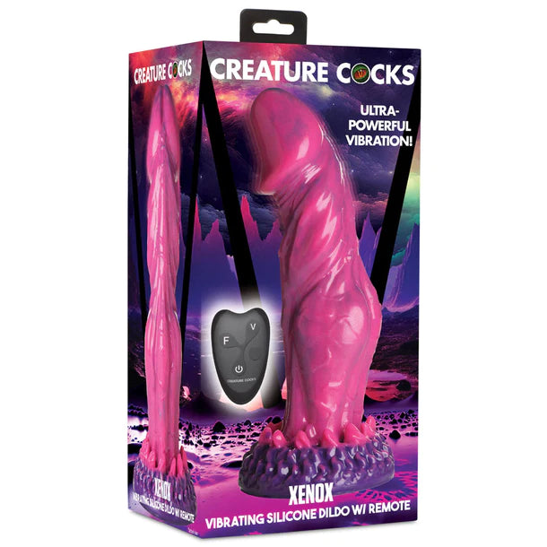 pink textured phallic head vibrating dildo with bottom and remote control on box