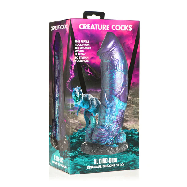 multi colored veined dildo with tail and bottom with dinosaur on box