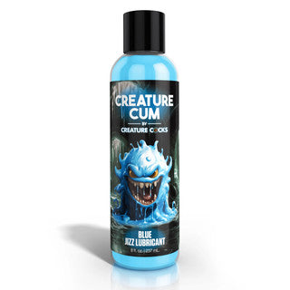 Creature Cum Blue Jizz Lubricant by XR Brands in a blue water-based formula bottle featuring Creature Cocks fantasy monster artwork on the label.