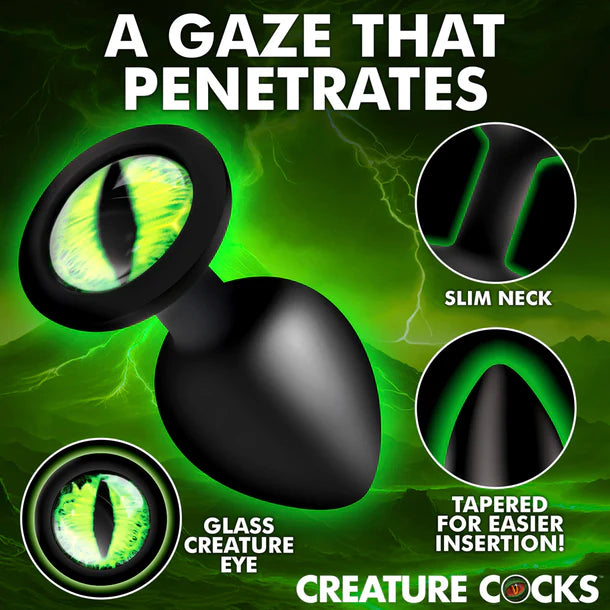 black slim neck, tapered for easy insertion , glass eye creature cock butt plug in green