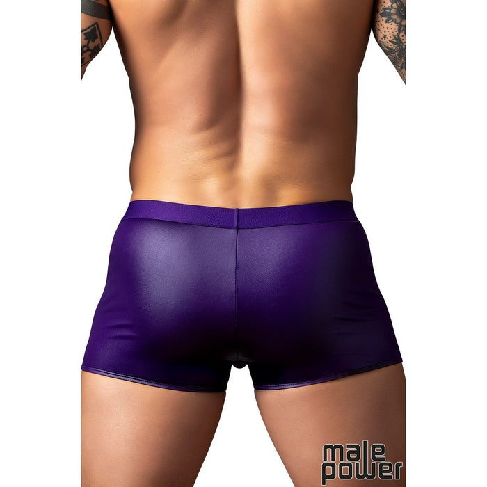 Person wearing purple underwear with 'Male Power' branding on a white background