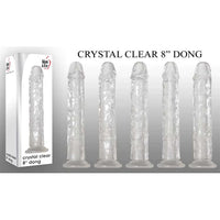 a multi rotated view of a clear penis shaped dildo with a suction cup base, shown next to its white display box