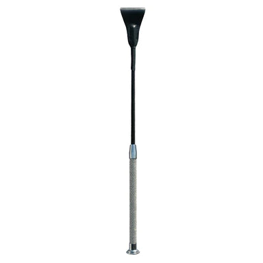 a black riding crop with a silver crystal studded handle and silver accents